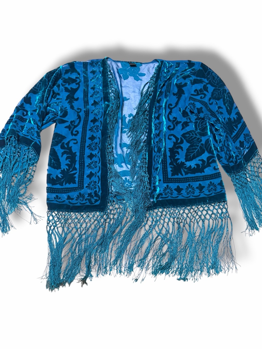 Maya Boutique Turquoise Teal Silk Burnout Velvet Kimono MSRP $400 - Picture 8 of 16